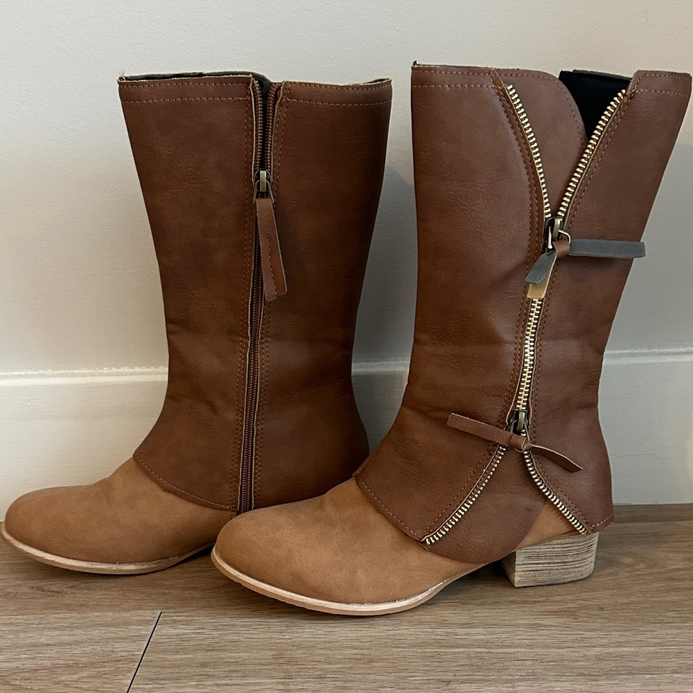 Brown Leather Mid-Calf Boots